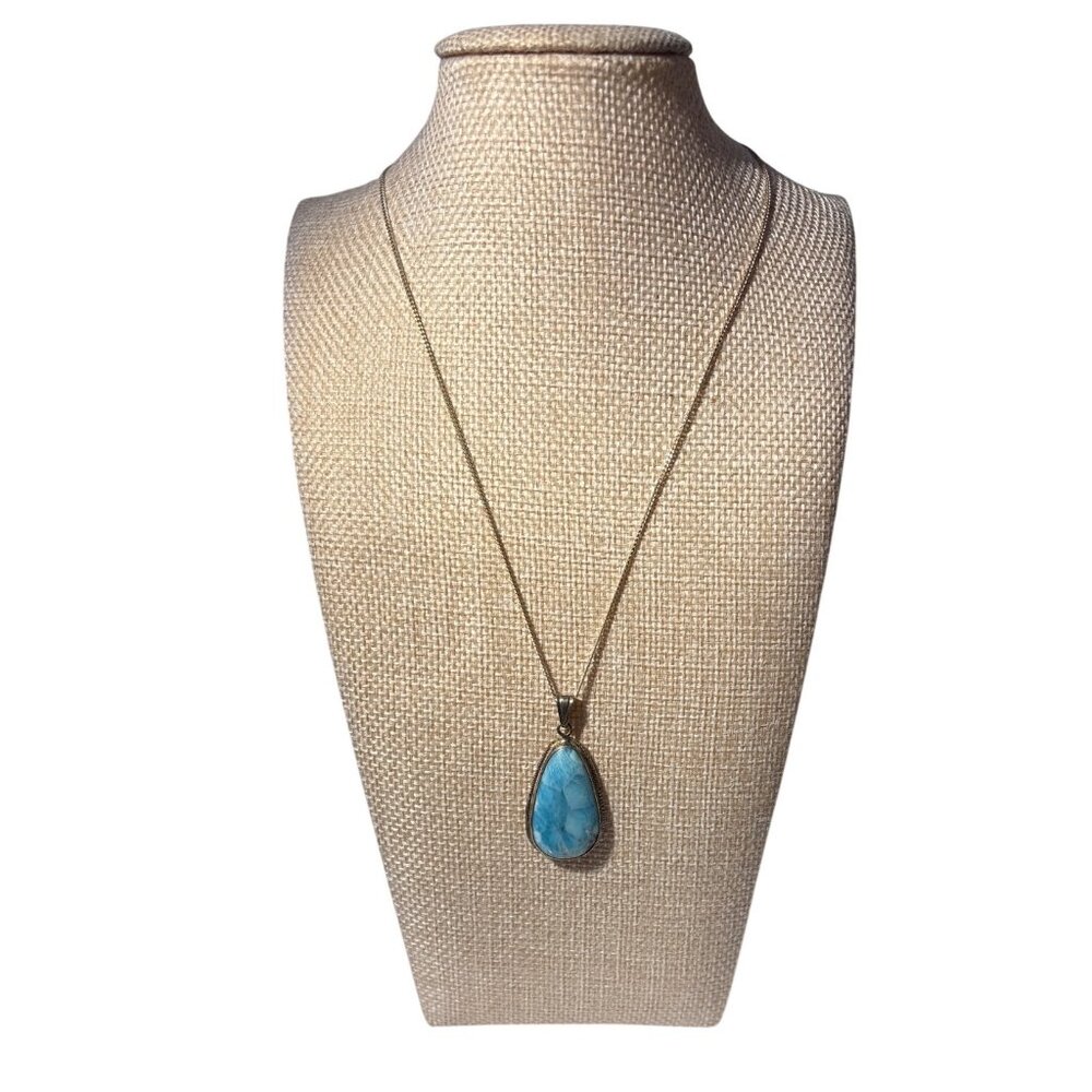 Sterling Silver Necklace & Larimar Pendand Teardrop Gemstone 18" Chain Italy